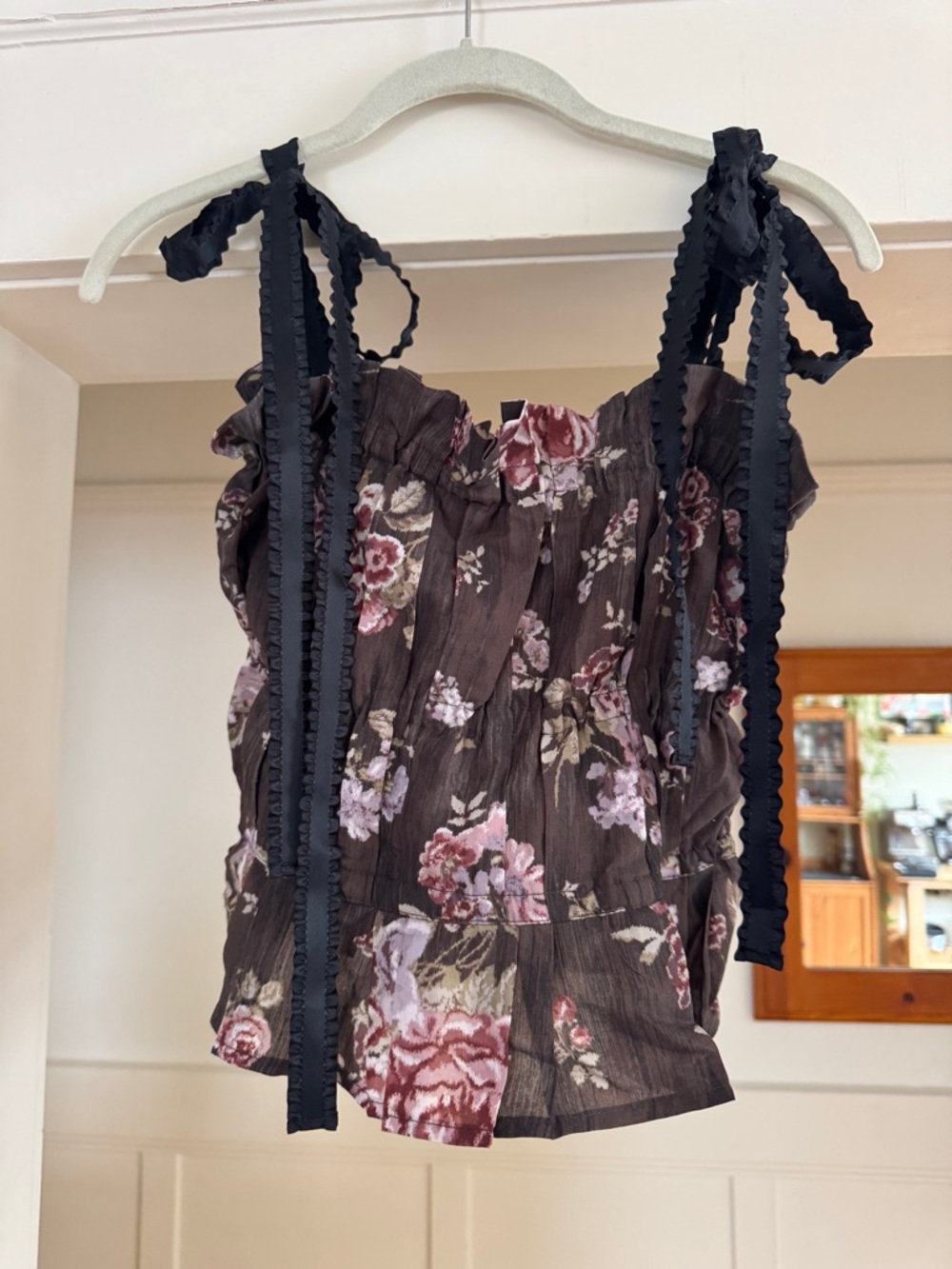 Women's Floral Brown Tie-Strap Smocked Tank Top